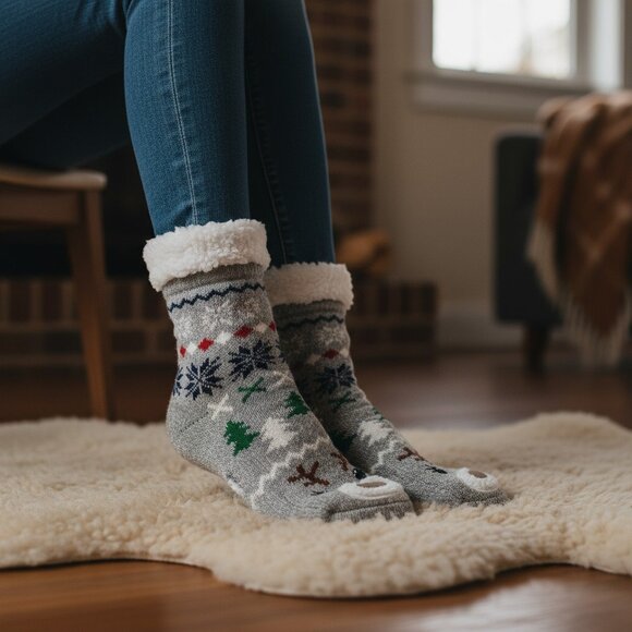 Charter Club Reindeer Face Sherpa-Lined Slipper Socks – Gray (L/XL) - Picture 4 of 6